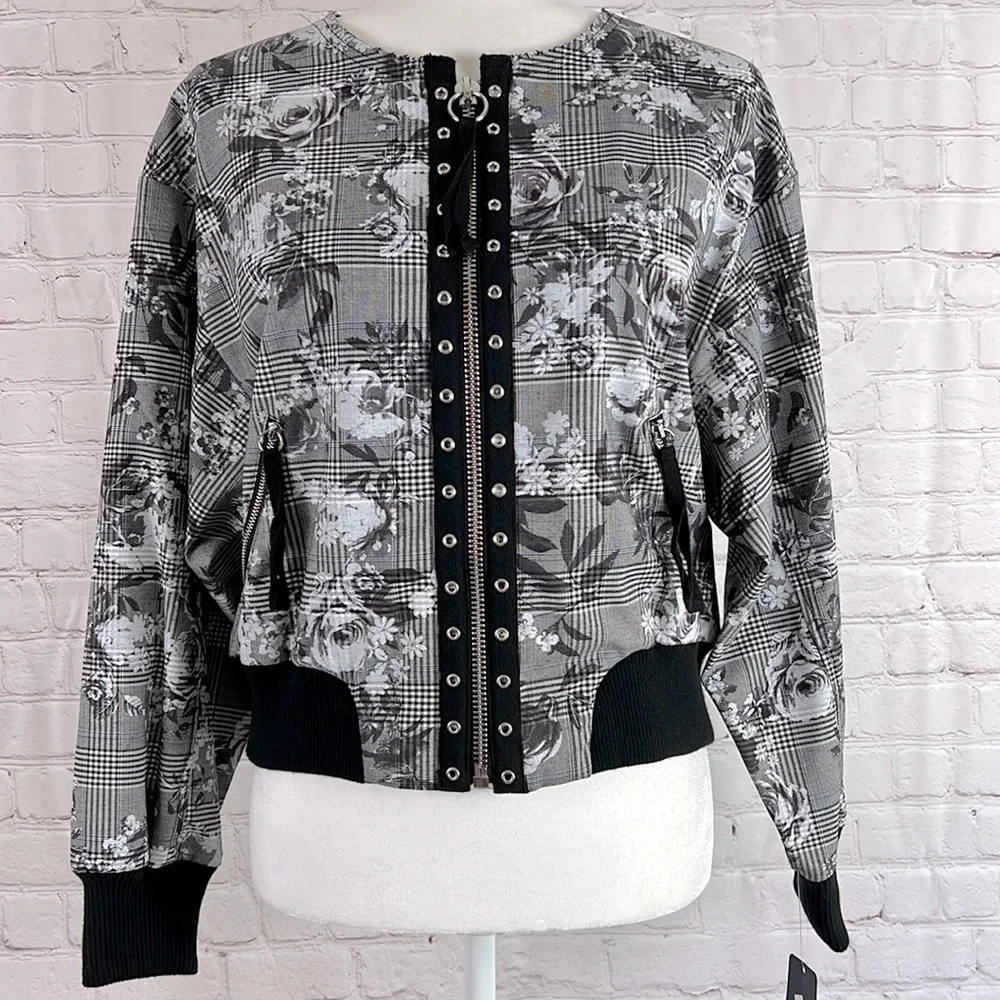 Rachel Roy Baldwin Floral Check Bomber Jacket Size Large - Picture 3 of 16